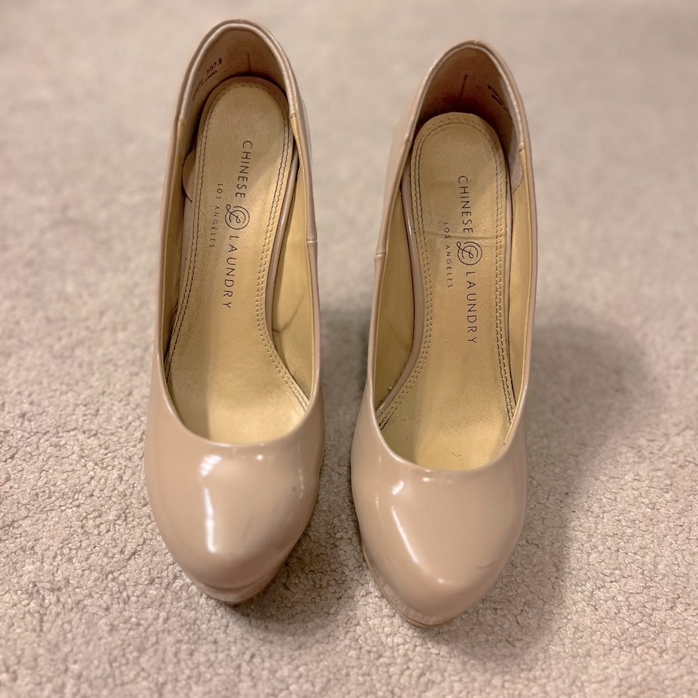 Chinese Laundry tan patent stilettos with platform toe